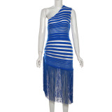 Summer Sexy One-Shoulder Hollow Solid Color Fringed High Slit Long Dress