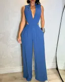 Women Sleeveless Turndown Collar Wide Leg Jumpsuit