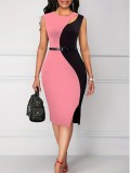 Women color block irregular sleeveless zipper dress with belt
