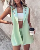 Fashionable Beaded Sleeveless Blazer Shorts Two Piece Set