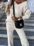 Beige V-Neck Casual Long SLeeve Top Pants Two Piece Lounge Set