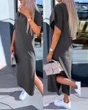 Solid Color Short-Sleeved Slit Casual Long Dress