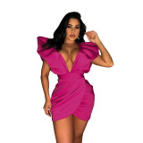 Women's Summer Sexy Deep V Short Sleeve Low Back Solid Color Dress