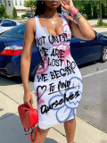 Summer Women's Fashionable U-Neck Color Block Graffiti Sleeveless Slim Maxi Dress