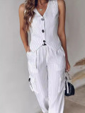 Women's Chic Elegant Solid Color Striped Button Vest Pocket Pants Two Piece Set