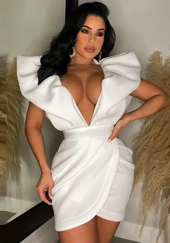 Women's Summer Sexy Deep V Short Sleeve Low Back Solid Color Dress