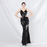 Luxury Sequin Strap Mermaid Gown Elegant Long Evening Dress