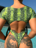 Snake Print Women's Round Neck Short Sleeve One Piece Bikini Swimsuit