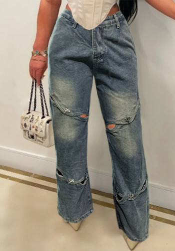 Ripped Two-Button Wide-Leg Straight Denim Pants