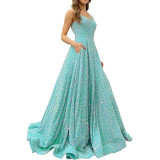 Luxury Sequin Prom Dress Side Slit Glitter Long A Line Formal Party Evening Dress