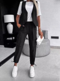 Women's Chic Elegant Solid Color Striped Button Vest Pocket Pants Two Piece Set