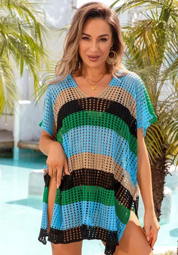 Summer Women's Beach Shirt Color Block Loose Bikini Cover Up Holidays Sun Protective Clothing
