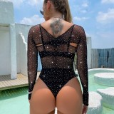 Long Sleeve Tight Fitting Beaded Sexy Bodysuit Lingerie One-Piece Net Clothes