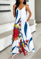 Women's Floral Print Strap V-Neck Loose Maxi Dress