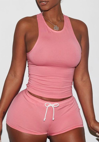 Plus Size Women's Solid Color Cotton Sports Tank Shorts Two Piece Set