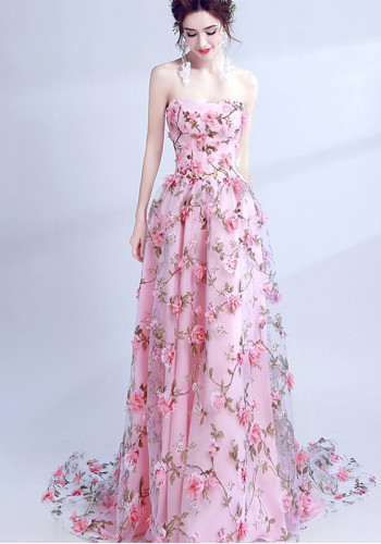 Pink Flower Lace Strapless Bride Wedding Formal Party Evening Dress
