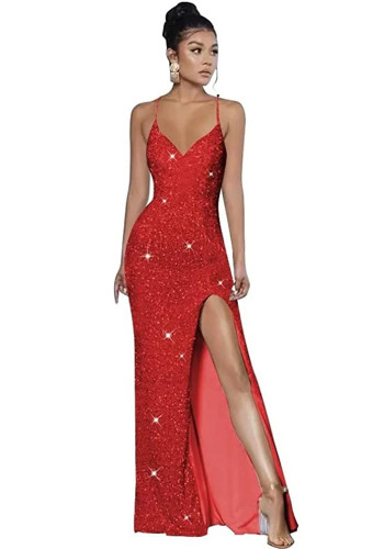 Sleeveless Backless Strap Red Deep V-Neck Sequin Dress