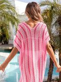 Summer Beach Hollow Knitting Sun Protection Clothing Bikini Holidays Dress Plus Size Loose Color Block Women Blouse