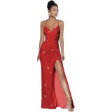 Sleeveless Backless Strap Red Deep V-Neck Sequin Dress