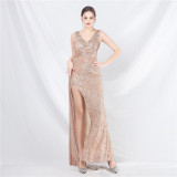 Luxury Sequin Rhinestone Chain Slit Long Evening Dress