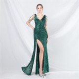 Luxury Sequin Rhinestone Chain Slit Long Evening Dress