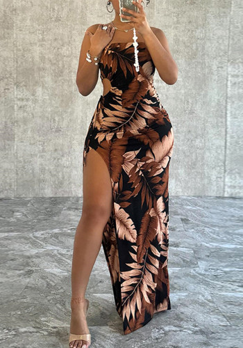 Women's Fashion Print Sexy Strapless Low Back Slit Dress