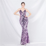Luxury Sequin Strap Mermaid Gown Elegant Long Evening Dress