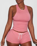 Plus Size Women's Solid Color Cotton Sports Tank Shorts Two Piece Set