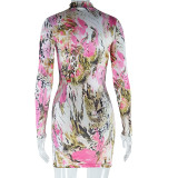 Women's Fashion Butterfly Printed Dress Round Neck Long Sleeve Bodycon Trendy Dress
