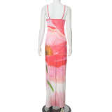 Women's Summer Casual Flower Print Strap Tight Fitting Long Dress