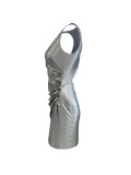 Sexy Fashionable V-Neck Casual Color Block Button Solid Color Metallic Pleated Tight Fitting Dress