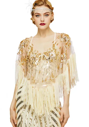 Women retro dress with golden beads and tassel shawl for party and dance sexy mesh cape and sequined jacket