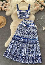 Women Summer Printed Camisole + Skirt Two-piece Set