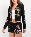 Women's Spring/Summer Print Fashion Casual Hooded Zip Long Sleeve Hooded Sports Two Piece Shorts Set