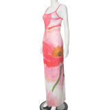 Women's Summer Casual Flower Print Strap Tight Fitting Long Dress