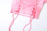 Summer Fashion Casual Drawstring Lace-Up Short Sleeve High Waist Slim Two Skirt Set