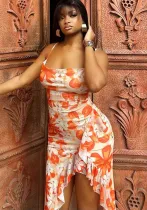 Women Summer Print Sexy Backless Lace Strap Dress