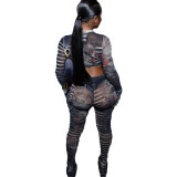 Plus Size Women Spring and Summer Sexy Lace Long Sleeve Top and Printed Pants Two-piece Set
