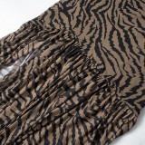 Women's Summer Sexy Strapless Tiger Print Slit Slim Long Dress