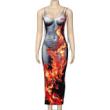 Women Sleeveless Flame Print Bodycon Dress