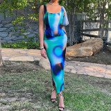 Women Printed Sleeveless Vest Top and Slit Skirt Two-piece Set