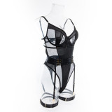 Women Sexy Bodysuit with Metal Fitted Belt and Leg Wraps Sexy Lingerie Three-Piece
