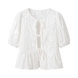 Women white lace bow French long-sleeved shirt