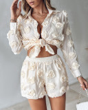 Women's Solid Color Flower Long Sleeve Shirt Shorts Two Piece Set
