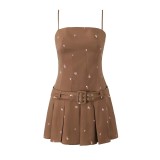 Women Summer French sexy belted pleated printed suspender dress