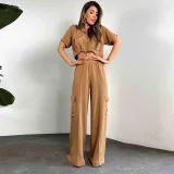 Women Summer Casual Short Sleeve Top and Cargo Pants Two-piece Set