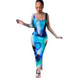Women Printed Sleeveless Vest Top and Slit Skirt Two-piece Set