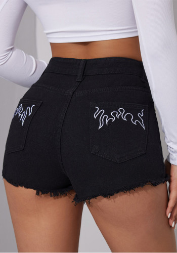 Women Raw Edge Embroidered Washed Hot Shorts Denim Shorts