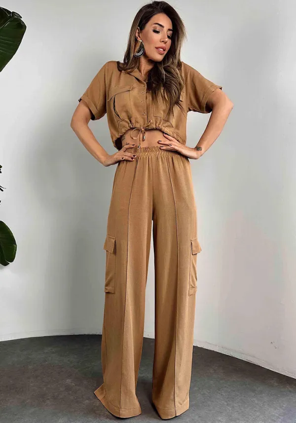 Women Summer Casual Short Sleeve Top and Cargo Pants Two-piece Set