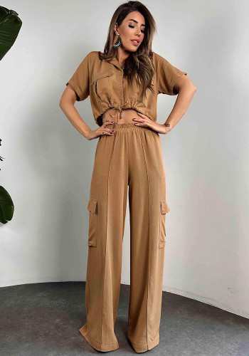Women Summer Casual Short Sleeve Top and Cargo Pants Two-piece Set